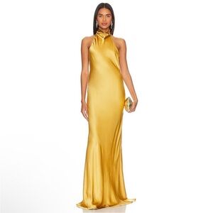 Amanda Uprichard Gold Halter Satin Evening Gown L NWT